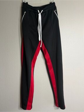 Black Sweatpants with Red Side Panels and White Drawstring
